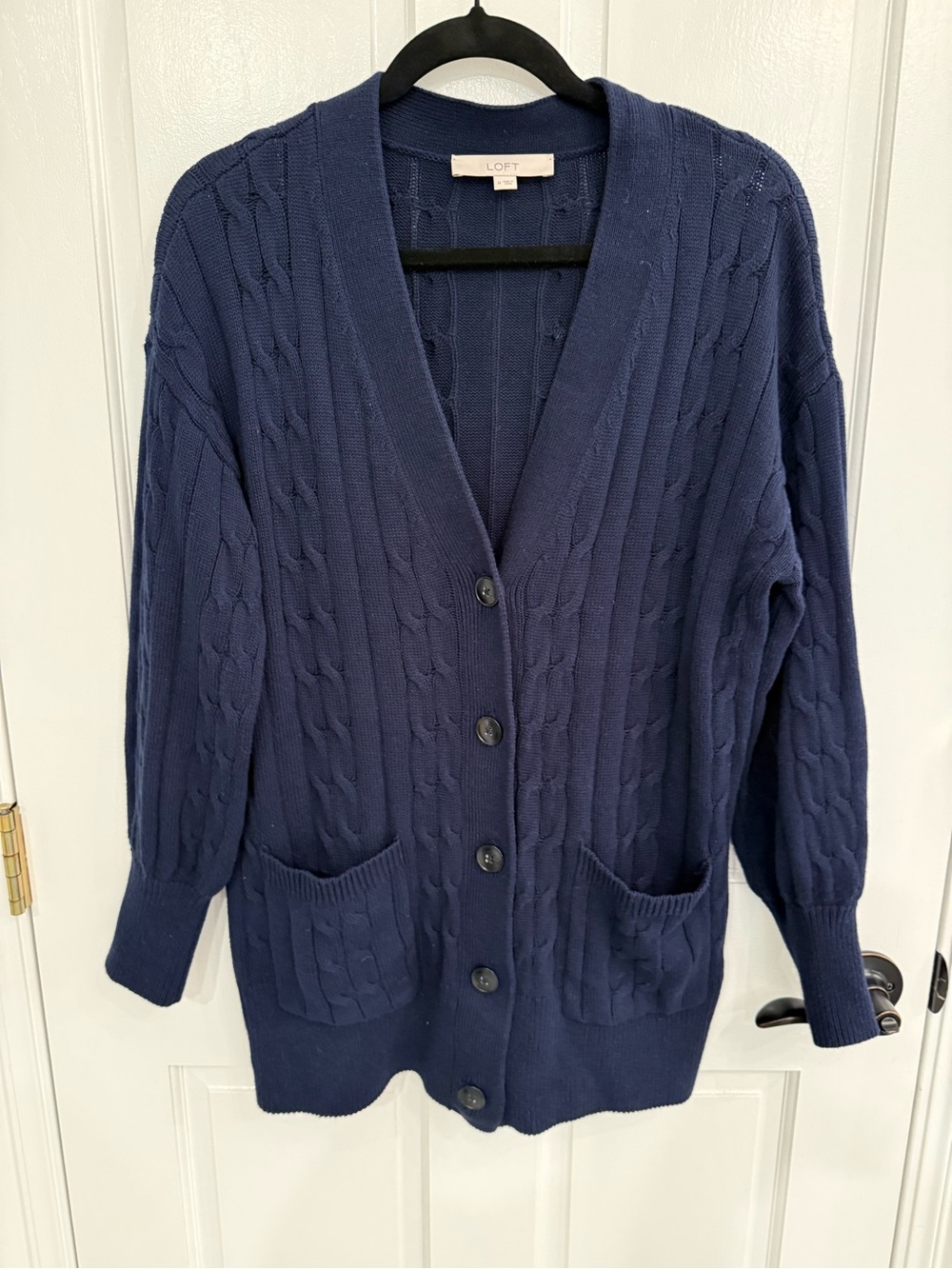LOFT Navy Cable Knit Button-Front Cardigan with Pockets